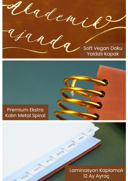 Vegan Deri Spiralli Akademik AJANDA-2025–26 | 17X23 Cm.| Ayraçlı| Premium Sert Kapak |spiced Caramel