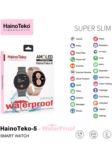 Haino Teko 5 Akıllı Saat | Bluetooth Arama | IP67 Su Geçirmez | Kalp Ritmi & Spo2 | Uyku Takibi | 3 Kordon (Metal, Silikon, Deri)