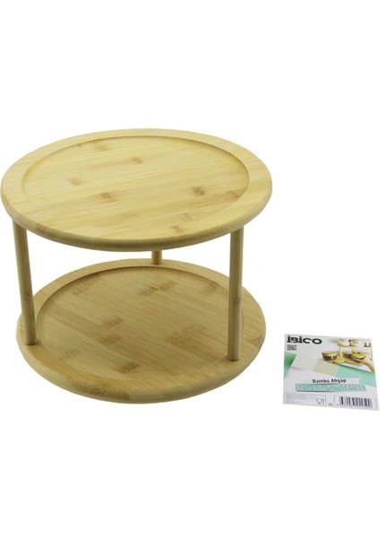 2 Katlı Yuvarlak=24.5cm Döner Tablalı Ahşap Bambu Sunum Tepsisi - Mini Sofra (4887)