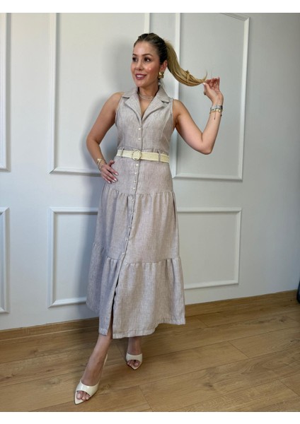 Bej Kemerli Midi Elbise modelleri