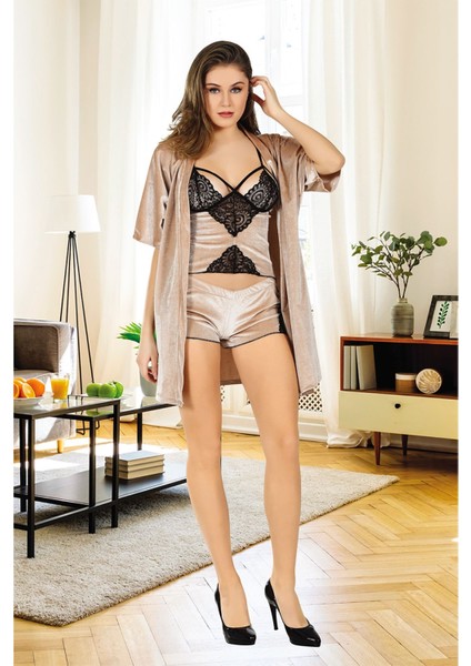 Vizon Kadife Dantelli Sabahlık & Gecelik Takım 3' Lü - 1398 fiyatları