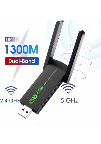 USB Wireless Adaptör Wifi5 AC1300 Mbps Dual Bant USB Adapter 2.4g -5g
