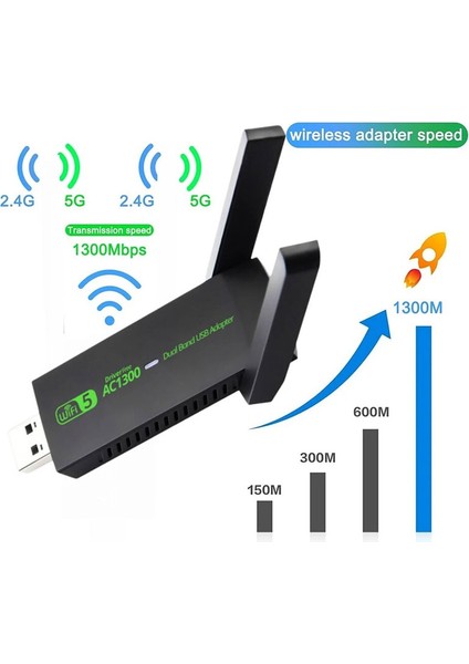 USB Wireless Adaptör Wifi5 AC1300 Mbps Dual Bant USB Adapter 2.4g -5g