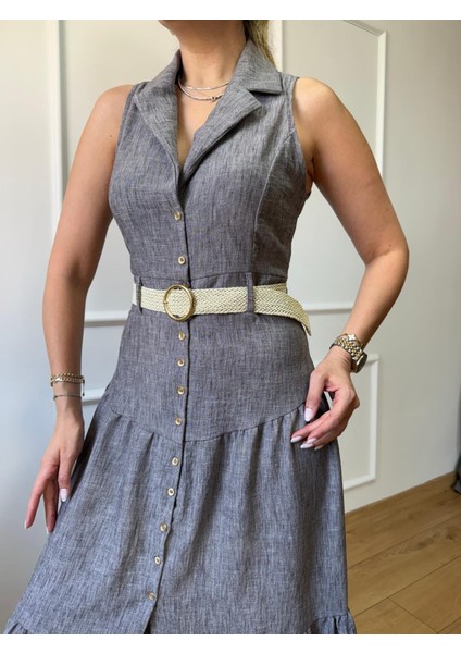 Siyah Kemerli Midi Elbise