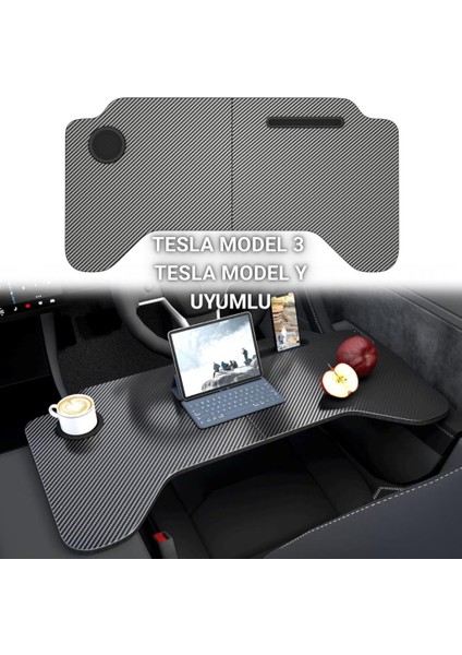 Tesla Model 3 ve Model Y Ile Uyumlu Araç Içi Çalışma Masası, Bardaklı, Telefon Standlı Tepsi