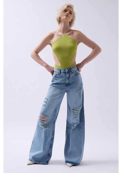 Lazer Kesim Geniş Paça Yüksek Bel Mavi Jean