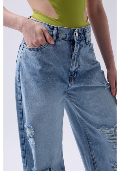 Lazer Kesim Geniş Paça Yüksek Bel Mavi Jean fırsatları