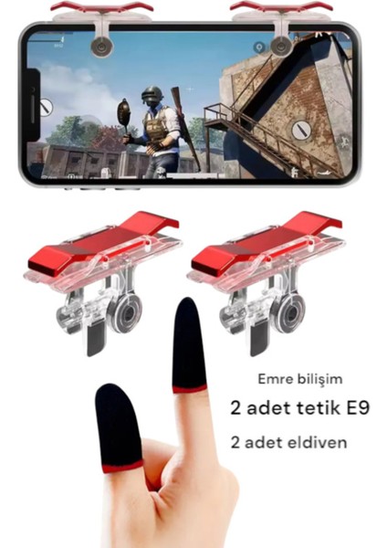 E9 Tetik ve Parmaklık Eldiven Yeni Nesil Tetik Düğmesi Set 2 Adet Eldiven 2 Adet Tetik KIRMIZI ŞEFFAF