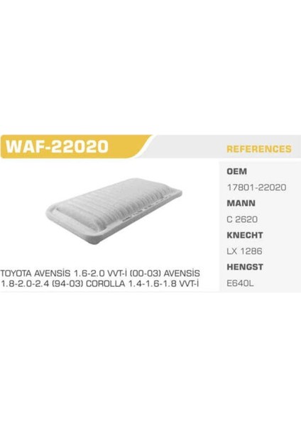 Waf WAF-22020 Hava Filtresi Corolla 03-07 Avensis 03-08 1.4 1.6 Vvtı