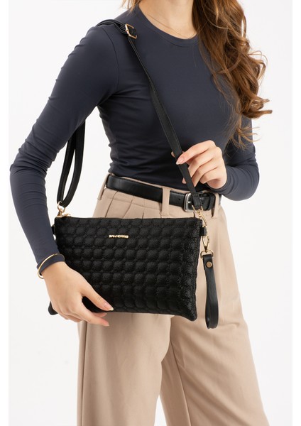 Kadın Suni Deri Siyah Mozaik Desen Ayarlanabilir Çapraz ve El Askılı Portföy, Clutch Çanta indirimleri