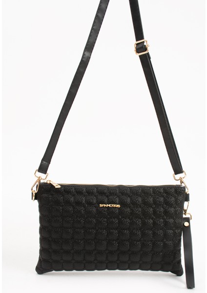 Kadın Suni Deri Siyah Mozaik Desen Ayarlanabilir Çapraz ve El Askılı Portföy, Clutch Çanta