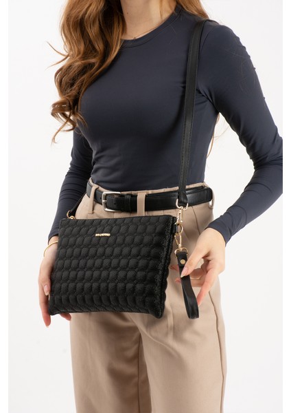 Kadın Suni Deri Siyah Mozaik Desen Ayarlanabilir Çapraz ve El Askılı Portföy, Clutch Çanta fiyatları