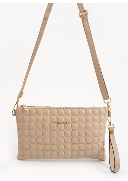 Kadın Suni Deri Kum Renkli Ayarlanabilir Çapraz ve El Askılı Portföy, Clutch Çanta