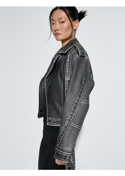 Crop Biker Ceket Suni Deri Kruvaze Fermuarlı fiyatları