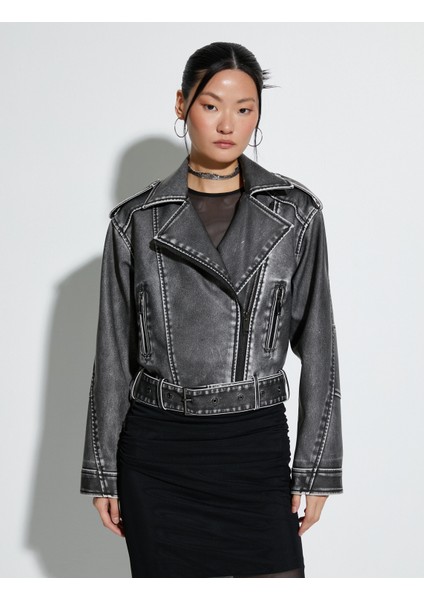 Crop Biker Ceket Suni Deri Kruvaze Fermuarlı modelleri