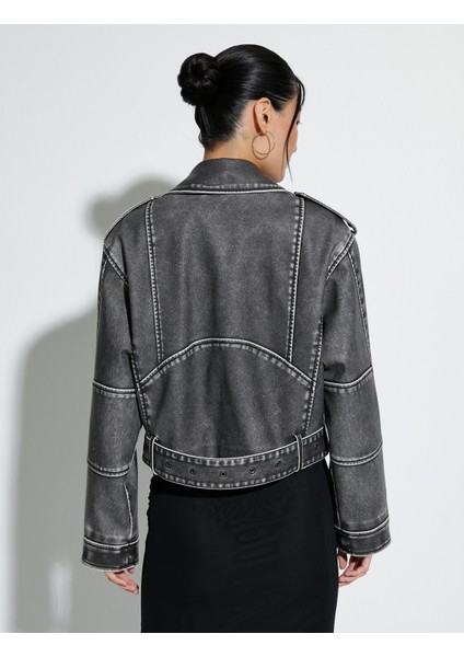 Crop Biker Ceket Suni Deri Kruvaze Fermuarlı fırsatları