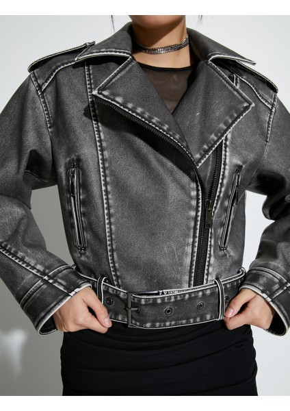 Crop Biker Ceket Suni Deri Kruvaze Fermuarlı indirimleri