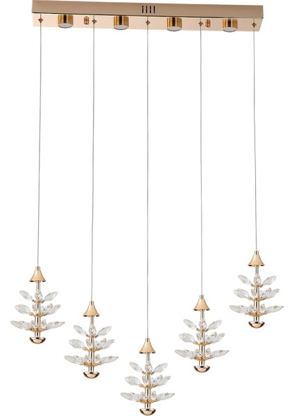 Serap 5'li 62 Watt 3000K Sıralı Gold Kristal Taşlı Ledli Salon Avize