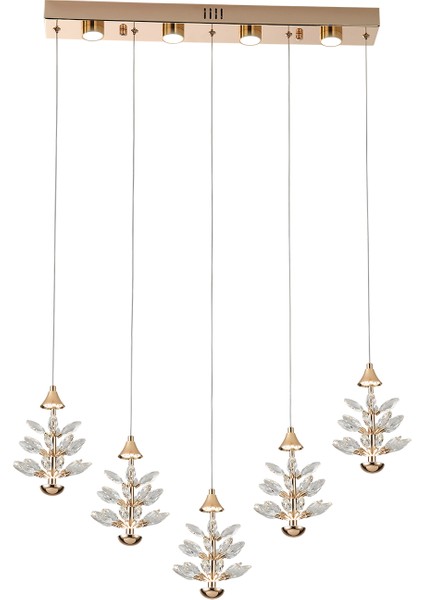 Serap 5'li 62 Watt 3000K Sıralı Gold Kristal Taşlı Ledli Salon Avize