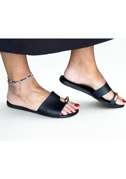 Siyah Hakiki Deri Tokalı Parmak Arası Kadın Şık ve Rahat Günlük Terlik fırsatları