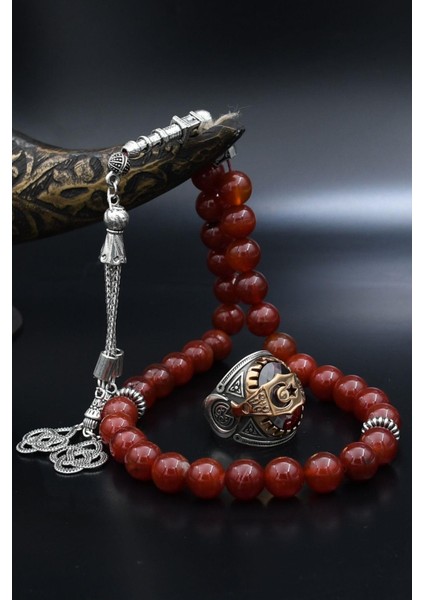 Doğal Akik Taşlı Tesbih ve 925 Ayar Gümüş Yüzük Ay Yıldızlı (Ayyıldızlı) Kırmızı Zirkon Taşlı 901986