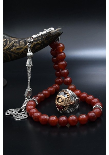 Doğal Akik Taşlı Tesbih ve 925 Ayar Gümüş Yüzük Ay Yıldızlı (Ayyıldızlı) Kırmızı Zirkon Taşlı 901986 fiyatları