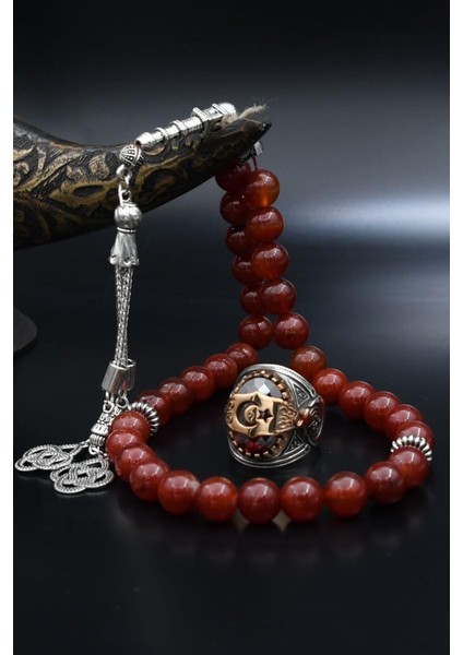 Doğal Akik Taşlı Tesbih ve 925 Ayar Gümüş Yüzük Ay Yıldızlı (Ayyıldızlı) Kırmızı Zirkon Taşlı 901986 modelleri