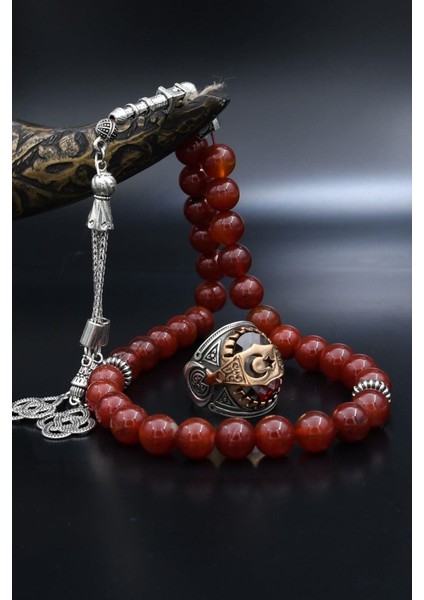 Doğal Akik Taşlı Tesbih ve 925 Ayar Gümüş Yüzük Ay Yıldızlı (Ayyıldızlı) Kırmızı Zirkon Taşlı 901986 fırsatları