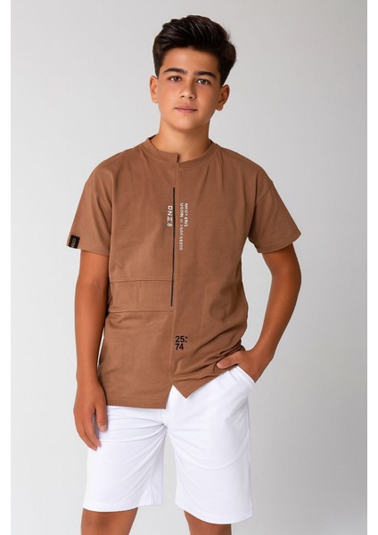 Minigimin Cicileri (9-14 Yaş) Oversize Asimetrik Kesim Erkek Çocuk Şortlu Takım - Açık Kahve
