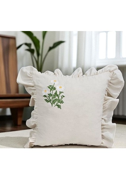 Yıkanmış Keten Papatya Nakıslı Fırfırlı Kırlent Kılıfı