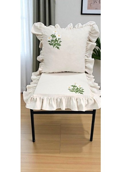 Yıkanmış Keten Papatya Nakıslı Fırfırlı Kırlent Kılıfı modelleri