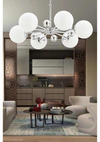 Istanbul Avize Nairobi 6'lı Gümüş Kasa Beyaz Glop Camlı Avize