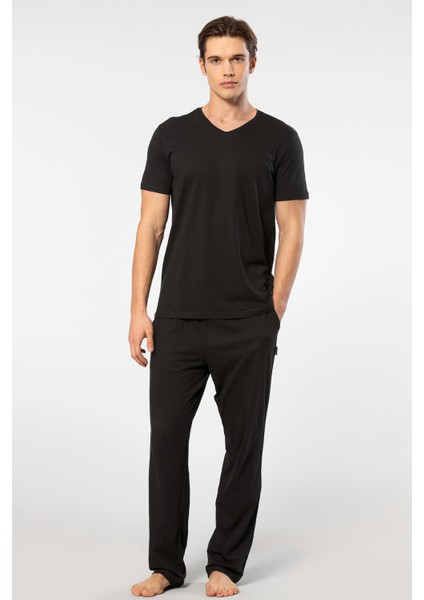 2192 Erkek Kısa Kollu V Yaka Pijama Takımı-Siyah
