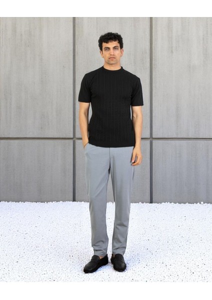 Erkek Bisiklet Yaka Örgü Tişört | Yazlık Kısa Kollu Slim Fit Kazayağı Dokulu
