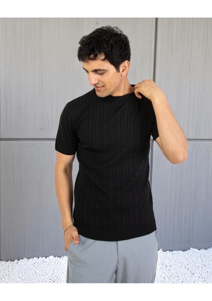 Erkek Bisiklet Yaka Örgü Tişört | Yazlık Kısa Kollu Slim Fit Kazayağı Dokulu modelleri