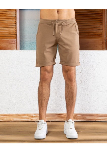 Erkek Slim Fit Şort | Düğme Detaylı Lastikli Yazlık Kısa Şort