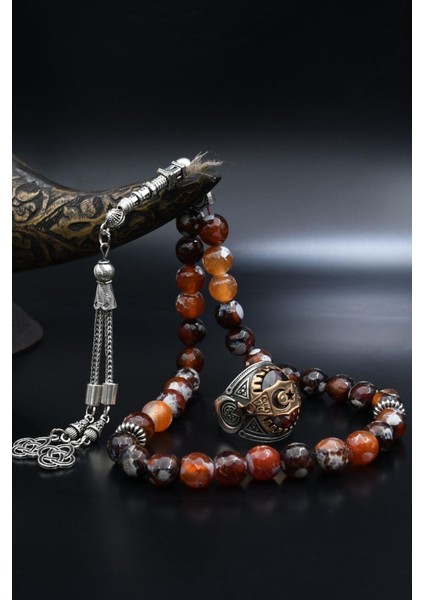 Doğal Akik Taşlı Tesbih ve 925 Ayar Gümüş Yüzük Ay Yıldızlı (Ayyıldızlı) Kırmızı Zirkon Taşlı 901987