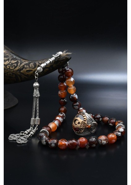 Doğal Akik Taşlı Tesbih ve 925 Ayar Gümüş Yüzük Ay Yıldızlı (Ayyıldızlı) Kırmızı Zirkon Taşlı 901987 fiyatları