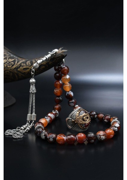 Doğal Akik Taşlı Tesbih ve 925 Ayar Gümüş Yüzük Ay Yıldızlı (Ayyıldızlı) Kırmızı Zirkon Taşlı 901987 modelleri