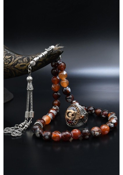 Doğal Akik Taşlı Tesbih ve 925 Ayar Gümüş Yüzük Ay Yıldızlı (Ayyıldızlı) Kırmızı Zirkon Taşlı 901987 fırsatları