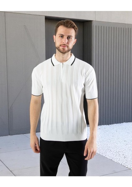 Erkek Polo Yaka Fermuarlı Örgü Tişört | Hava Alan Desenli Yazlık Model