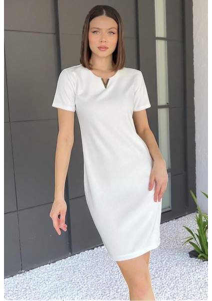 Kadın V Tokalı Mini Elbise | Kısa Kollu | Düz Kesim Yazlık Model
