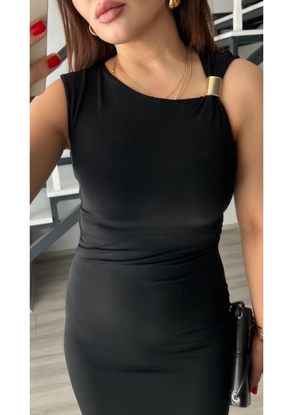 Siyah Jarse Kumaş Aksesuar Detaylı Elbise indirimleri