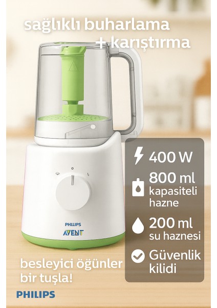 Avent SCF870/22 2’si 1 Arada Buharlı Pişirici & Blender Wasabi – Sağlıklı Bebek Maması | 12 Tarifli
