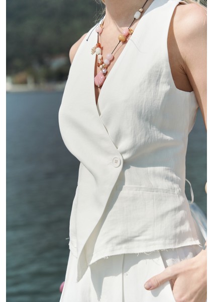 Nagmetah Sırt Pencereli Ekru Yelek Pantolon Takım