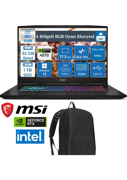 KATANA 17.3 144Hz / RTX 4070 8GB 105W / i7-13620H / 32GB RAM / 1TB SSD / WİN11 PRO