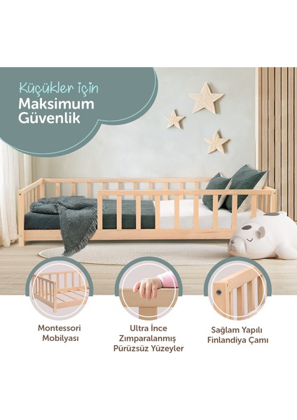 KFB620 Montessori Yer Yatağı - 90X200 cm Masif Çam Ağacı, Geniş Uyku ve Oyun Alanı