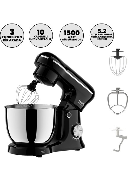 Kitchen Helper PV-4700 1500W-5.2 Litre -10 Kademe Hız Ayarı Stand Mikser Hamur Yoğurma Makinesi Siyah