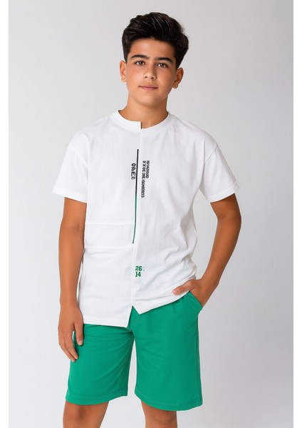 7-14 Yaş Şortlu Detaylı Oversize Erkek Çocuk Takım - Yeşil