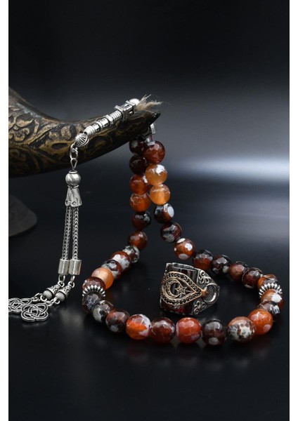 Doğal Damarlı Akik Taşlı Tesbih ve 925 Ayar Gümüş Yüzük Kırmızı Zirkon Taşlı Ay Yıldızlı (Ayyıldızlı) 901989